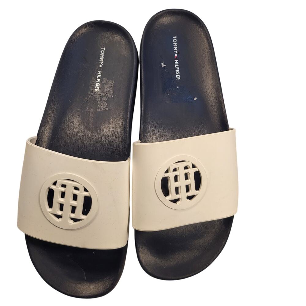 NEW TOMMY HILFIGER slide sandals in white and navy-blue Men's size 11